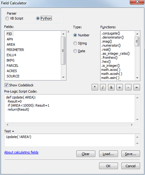 Image of the field calculator with a Python function being used to set the values in the field.